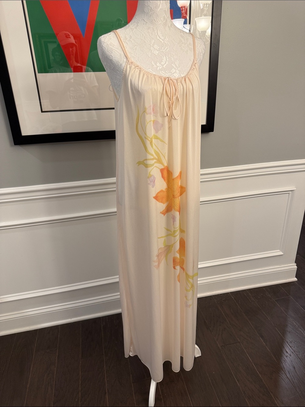 Vintage 70s JCPenney Enkalure Nylon Tiger Lily Floral Maxi Nightgown Small